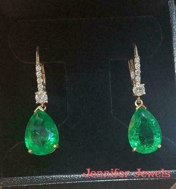 4ct Pear Cut Green Emerald Diamond Drop/dangle Earrings 14K - Etsy