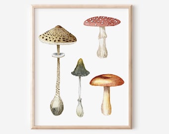 Vintage Mushroom Watercolor Print, Botanical Kitchen Art