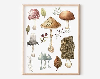 Vintage painting, mushrooms painting, mushrooms art print, botanical art print, Fungi art, watercolor print, home decore, Kitchen art