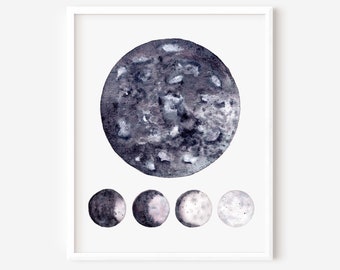 Celestial Watercolor, Moon Print, Original art, Full Moon print, Watercolor Moon Art, Moon Watercolor, Lunar Phases, Wall Art Prints