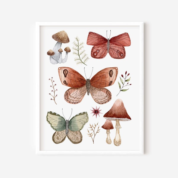 Vintage Butterflies, Woodland art print, botanical painting.