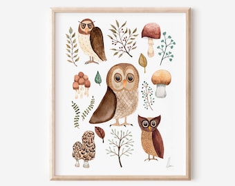 Barn owl art print, Earth tone wall art, woodland owl decor, cottage home decor, watercolor owl, mushrooms painting