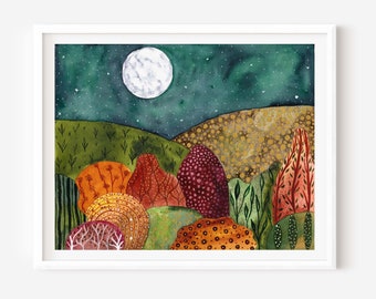 May include: A watercolour painting depicting a night scene with a full moon and stars. The artwork showcases stylized trees and foliage in orange, red, green, and gold hues. The painting is framed within a white border.