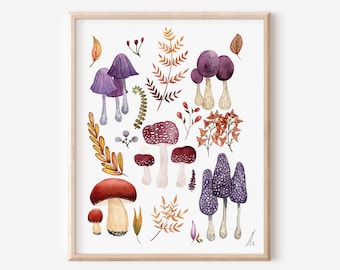 Purple Mushrooms, artwork original painting, mushrooms print.