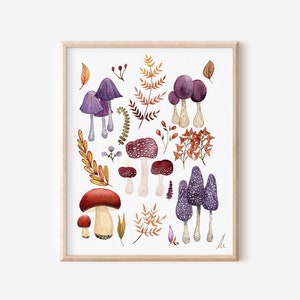 Purple Mushrooms, artwork original painting, mushrooms print.