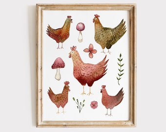 Watercolor hens painting, chickens print, chicken decor.