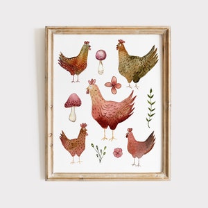 Watercolor hens painting, chickens print, chicken decor.
