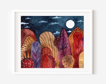 May include: A watercolour painting depicting a fantastical forest. The artwork shows stylised trees in red, purple, and gold against a dark blue night sky with a full moon and stars. The painting is framed in a white border.