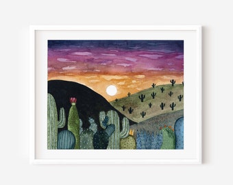 Desert Painting Original Artwork, sunset desert watercolor, desert art print.