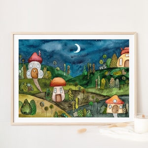 Mushroom houses village, fairy tale forest, original watercolor art print.