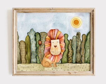 Leo the Lion, Jungle nursery decor, Lion watercolor print, Safari animal painting.