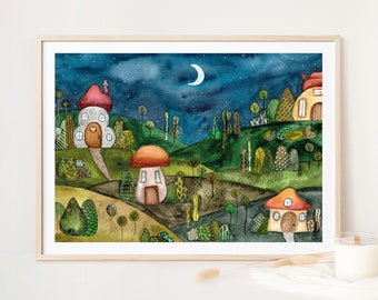 May include: Watercolour painting of a whimsical night scene with mushroom houses, a crescent moon, and stars in a blue sky. The houses have orange, red, and white roofs and are surrounded by green trees and bushes.