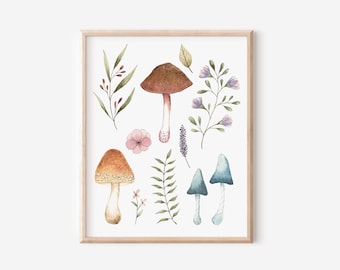 Spring mushrooms, watercolor painting print, spring decor.