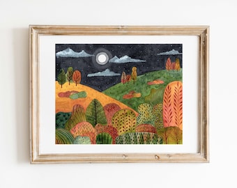 Night Landscape, Abstract landscape, watercolor print, Celestial watercolor, original watercolor, home decore