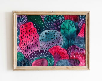 Abstract Forest Watercolor Giclee Print, Colorful Landscape