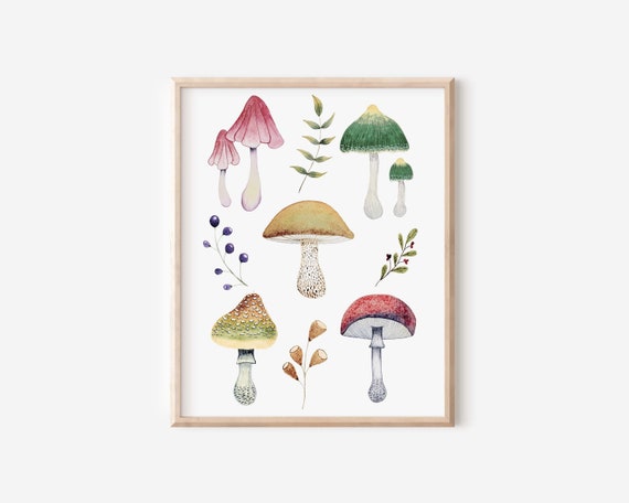 Magic mushrooms print, vegan decor, botanical art print, Fungi art, watercolor print, dancing mushrooms, Kitchen art, Mycology