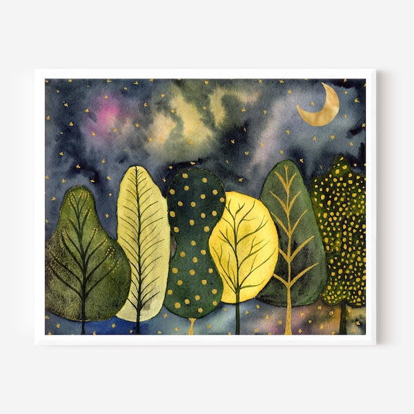 Starry night, watercolor greenery, night painting, night in the woods.