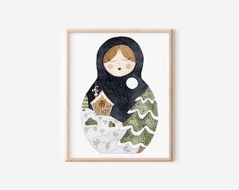 Matryoshka doll watercolor print, Christmas folk art, gingerbread house, nesting dolls, christmas decor, dreamy woman, gingerbread house