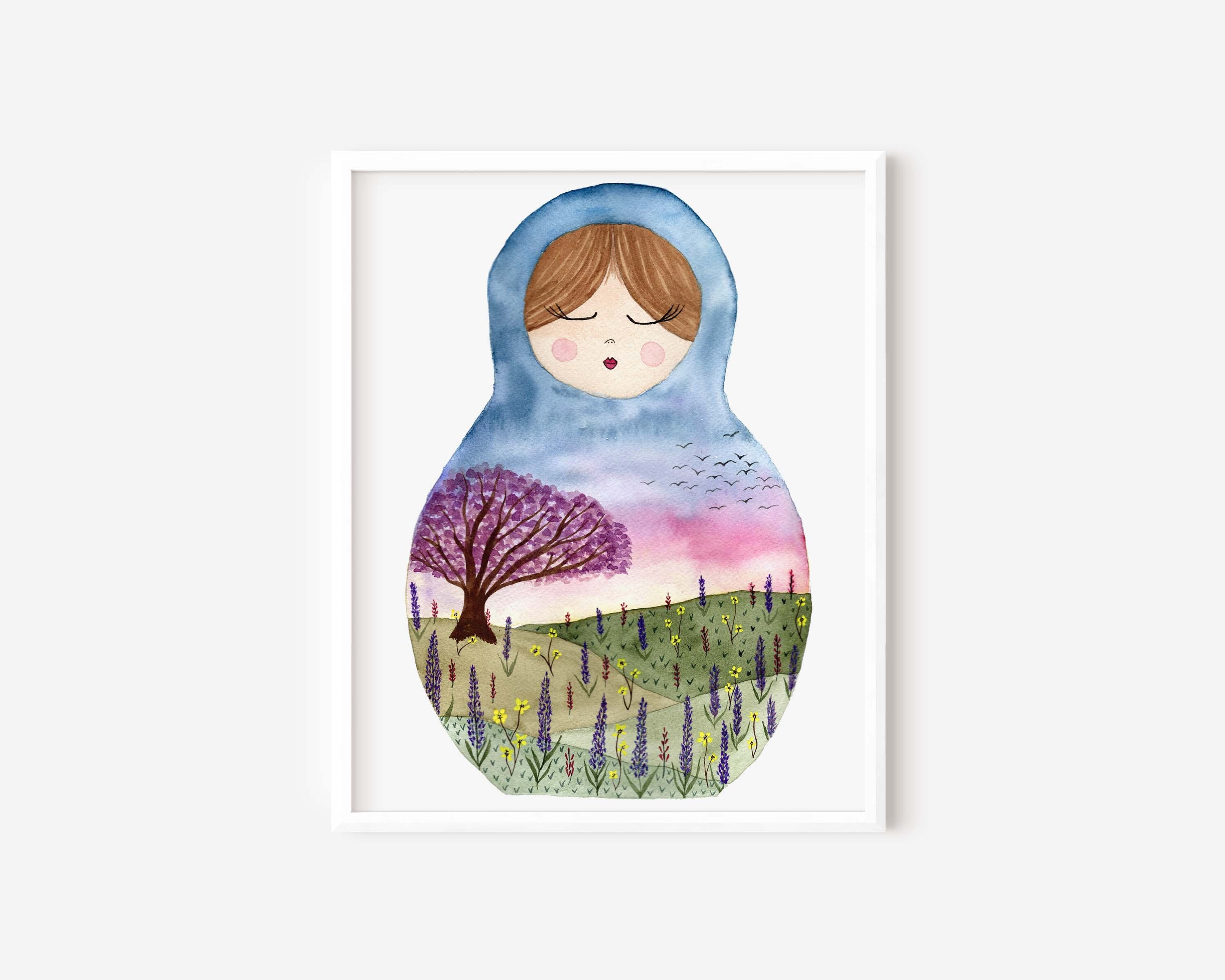 Nesting dolls print, matryoshka painting, spring painting.