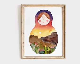 Desert matryoshka artwork, colorful nesting doll print, original art folk print.