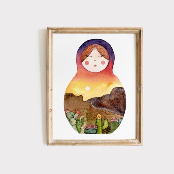 Desert matryoshka artwork, colorful nesting doll print, original art folk print.