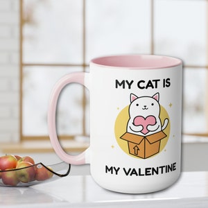My Cat is My Valentine 15 oz Two-Tone Coffee Mug, Red or Pink Handle and Inside, Cute Kawaii Cat with Heart