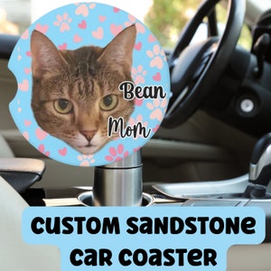 Personalized Sandstone Car Coaster, Custom Car Cup Holder with Your Pet&#39;s Name, Picture and Text