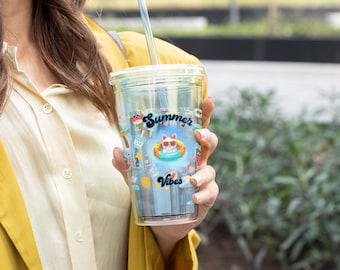 Summer Vibes Cat Acrylic Tumbler with Lid & Straw, 16oz