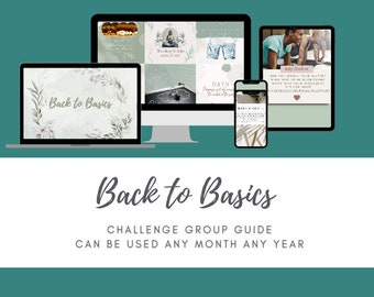 以下が含まれることがあります： "Back to Basics" チャレンジグループのためのデジタルマーケティングガイド。このガイドは、年間を通してどの月でも使用できます。画像には、ラップトップ、デスクトップコンピューター、タブレット、スマートフォンが表示されており、それぞれがチャレンジの異なる側面を示しています。