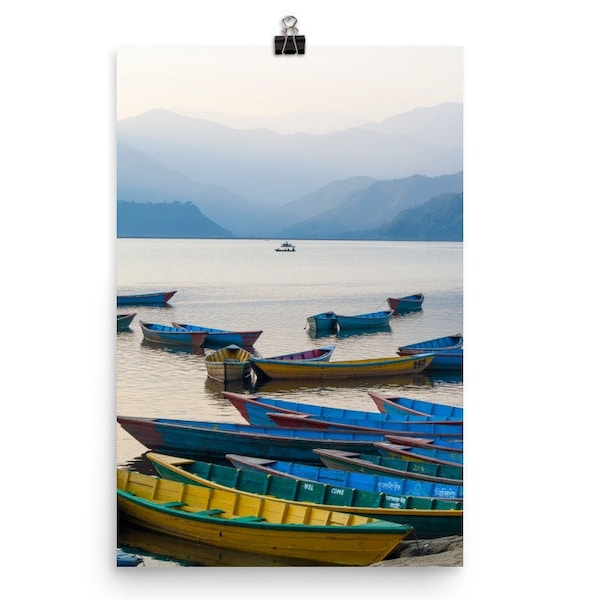 Colorful Boats, Lake and Himalayan Mountains Pokhara, Nepal Photography Art Photo/ Nepal Nature Landscape Photo Wall Art