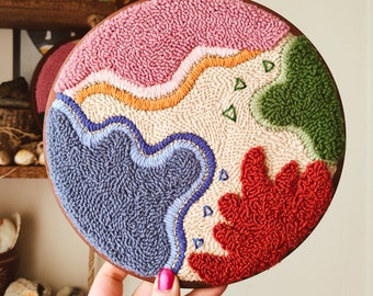 Handmade Punch Needle Art: 'Coral Reef' Abstract Textile Wall Hanging