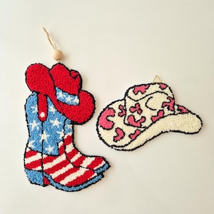 Punch Needle Cowboy Boot Wall Art: American Flag Western Decor