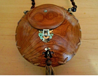 Vintage Handmade Round Wooden Purse Handbag Leather Trim Lined Mirror OOAK
