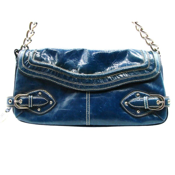 Franco Sarto Womens Blue Faux Leather Purse Magnetic Lock Shoulder Bag Vintage