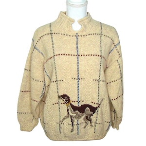 100% Wool Sweater Dog Graphics Pullover Sweater Off White Stripe Unisex Sz M Vtg
