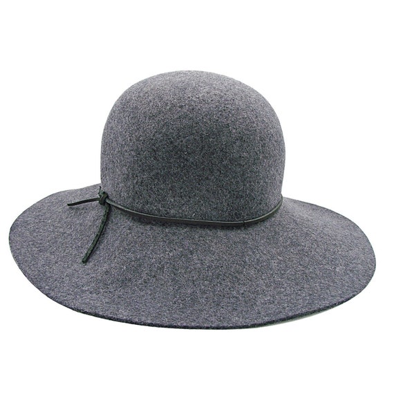 PHENIX Womens Wide Brim Floppy Hat Gray Wool Leather Trim 