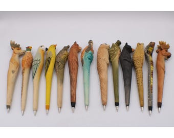 Hand-Carved Animal-Theme Wood Ballpoint Pen Wildlife Ink  Souvenir Vtg Collect
