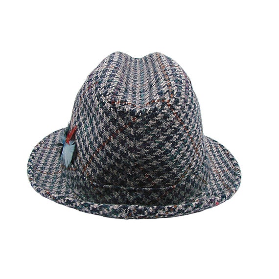 London Fog Fedora Hat Multicolor Gray Plaid Feath… - image 4