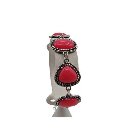 Bright Hot Pink Cabochon Stone Bracelet Silver To… - image 3