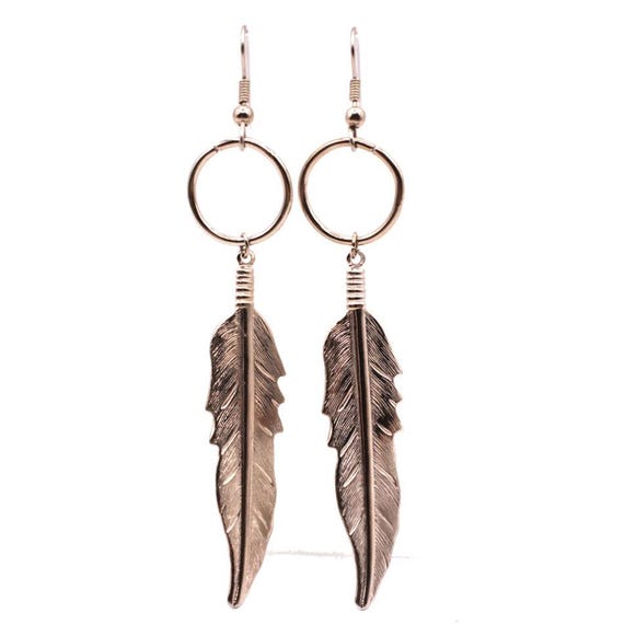 Feather Dangle Drop Earrings Silver Tone Native A… - image 1