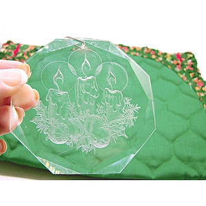 Vintage 1980&#39;s Etched Acrylic Christmas Ornament 3&quot; Candles Wreath Holiday Decor