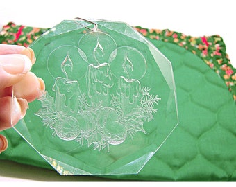 Vintage 1980's Etched Acrylic Christmas Ornament 3" Candles Wreath Holiday Decor