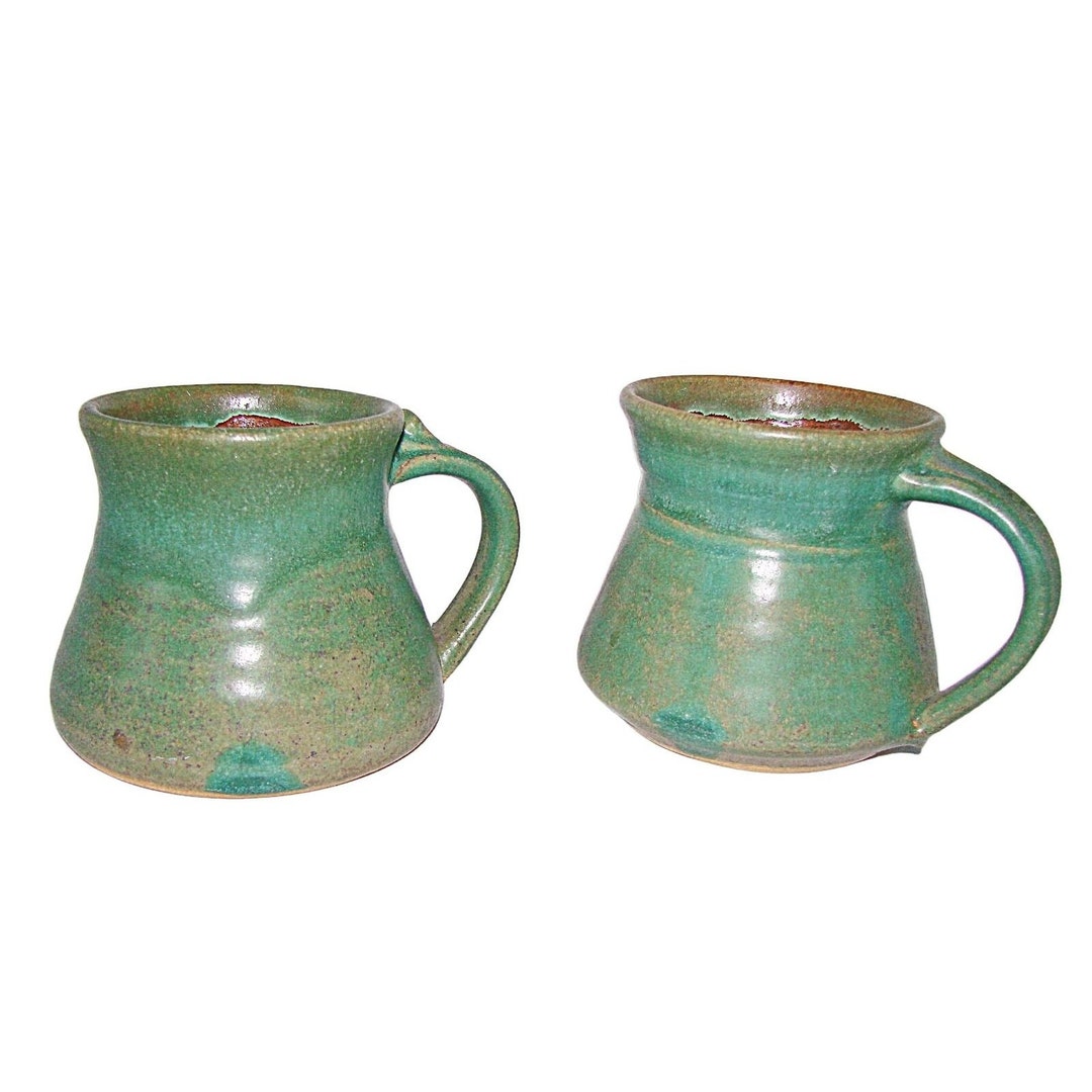 Set 2 Wide Bottom Coffee Tea Cups Vintage Glazed Pottery Ceramic Sea