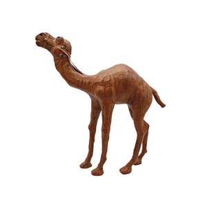 Leather Wrapped Camel Figurine 14&quot; Dromedary Statue 1970s Vintage Brown Detailed