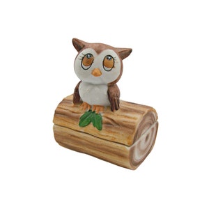 Vintage Lefton Owl on a Branch Trinket Box Hand Painted Porcelain MCM 2.5x2x3&quot;