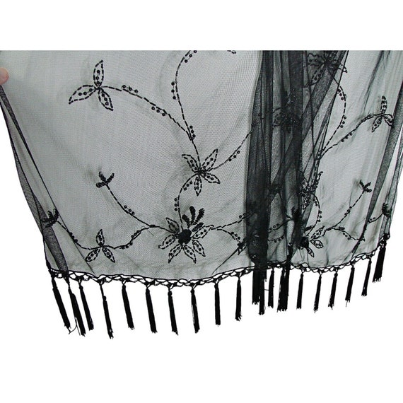 Womens Black Tulle Embroidered Floral Bead Fringe… - image 4
