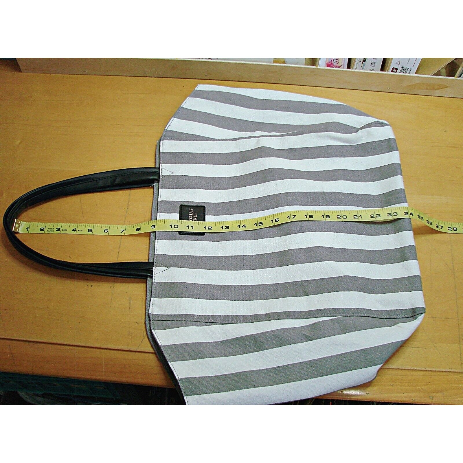 Victorias Secret Striped Canvas Tote Bag Gray White Beach 