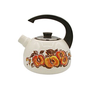 May include: Cream-colored vintage teapot with a black handle and lid. The teapot is decorated with a pattern of orange and yellow peaches and brown leaves. The spout is white.