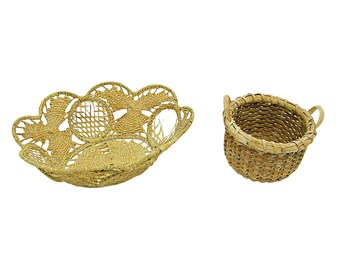 Lot 2 Vintage Tan Wicker Weave Storage Baskets Small & Med Need Rescued Repair