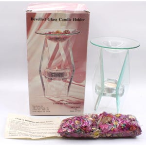 Diamond Shape Beveled Glass Candle Holder Bowl Potpourri Set Aromatherapy Vtg